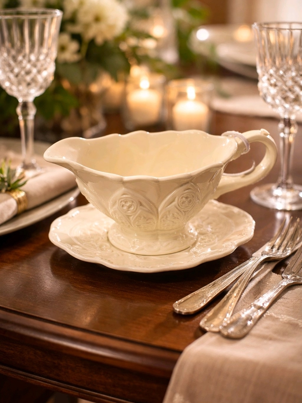 Ivory Ceramic Floral Gravy Boat and Underplate